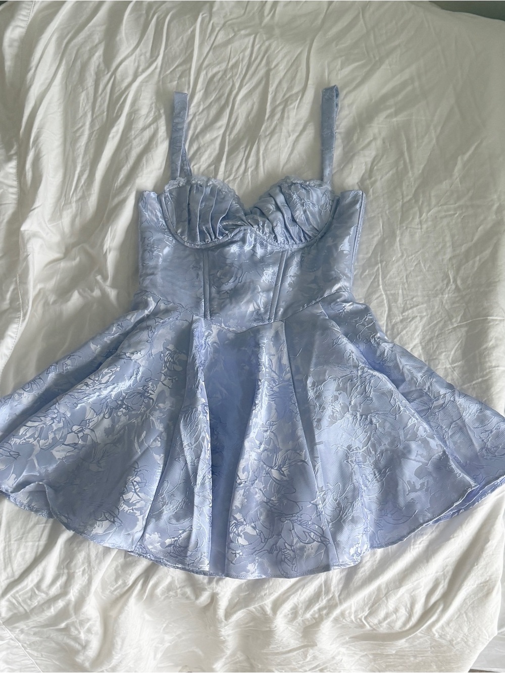 Light Blue Floral Satin Dress with Corset Bodice
